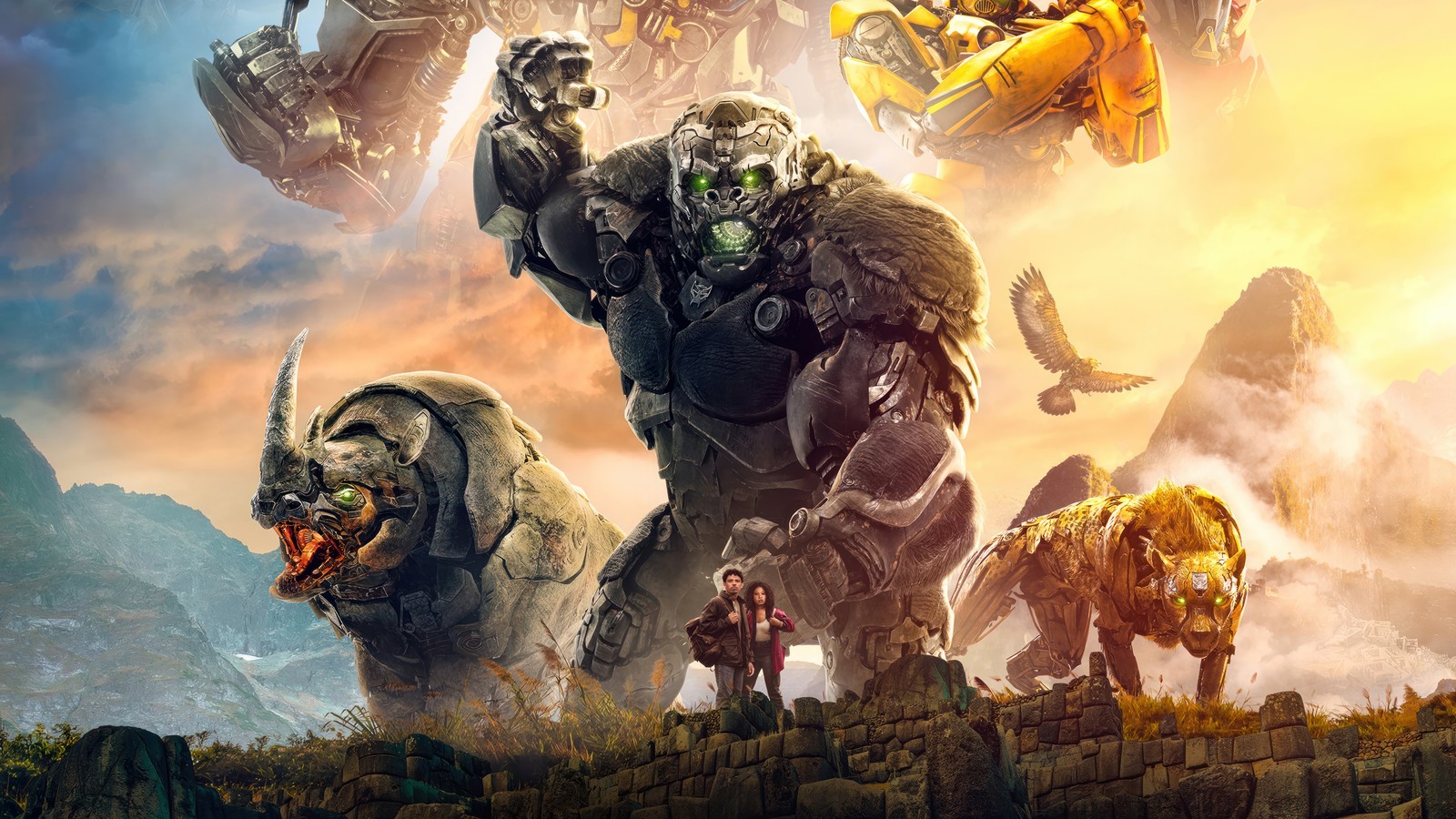 Un grupo de monstruos y un hombre de pie en la cima de una colina (transformers rise of the beasts, 2023, película, transformers, optimus primal)