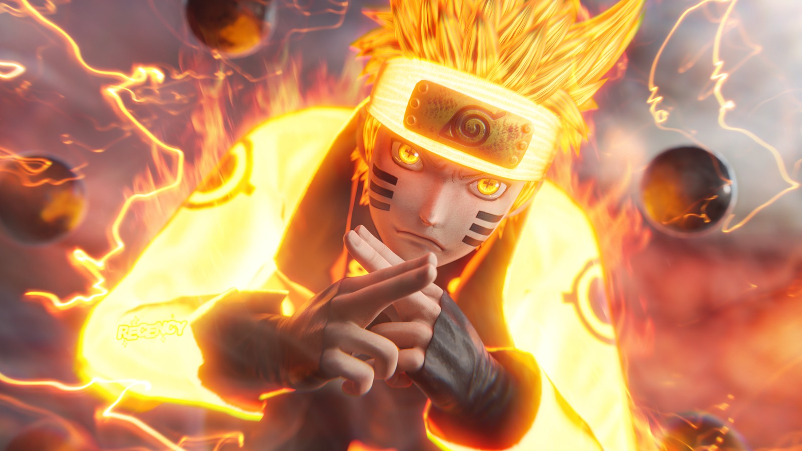 Un hombre con cabello amarillo y chaqueta amarilla rodeado de fuego (naruto uzumaki, renderizado 3d, rikudo sennin modo, seis caminos modo sabio, six paths sage mode)