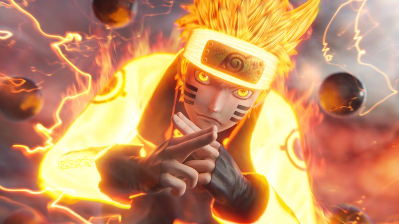 Мужчина с желтыми волосами и желтой курткой окружен огнем (naruto uzumaki, 3d рендер, рикудо сэннин моду, rikudo sennin modo, шесть путей режим мудреца)