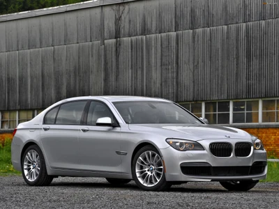 Silberner BMW 7er mit Leichtmetallrädern, geparkt vor einem industriellen Hintergrund.