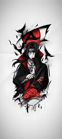 Ilustración dinámica de Itachi Uchiha, con su característico Sharingan y vestimenta de Akatsuki, ambientada en un fondo impactante de elementos oscuros y acentos rojos.