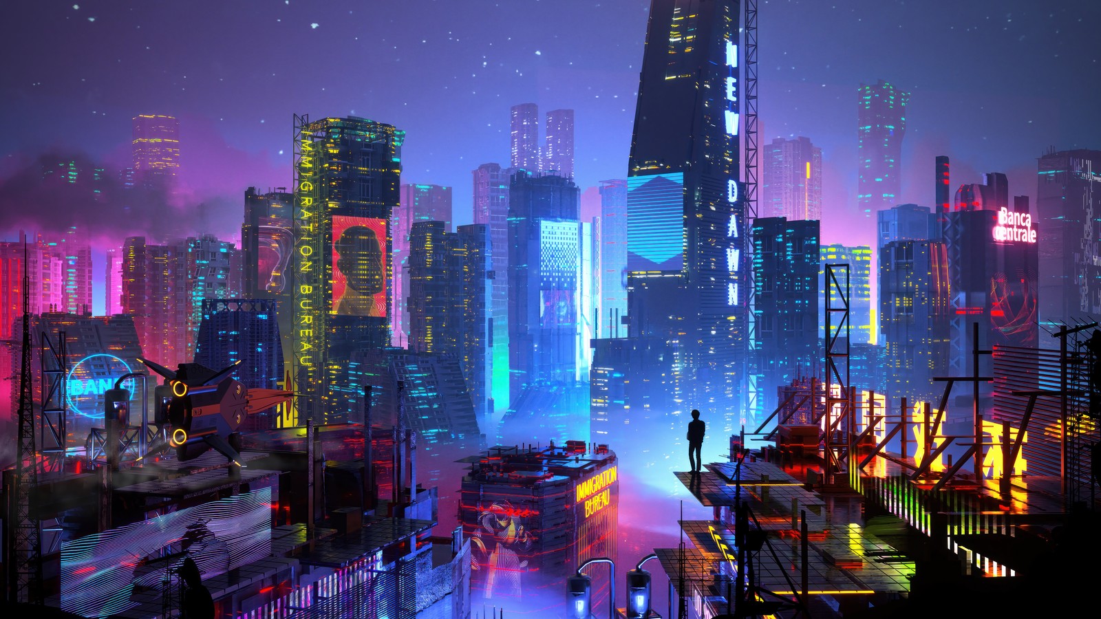 Un homme se tenant sur un toit regardant la ville la nuit (cyberpunk, ville, bâtiments, science fiction)