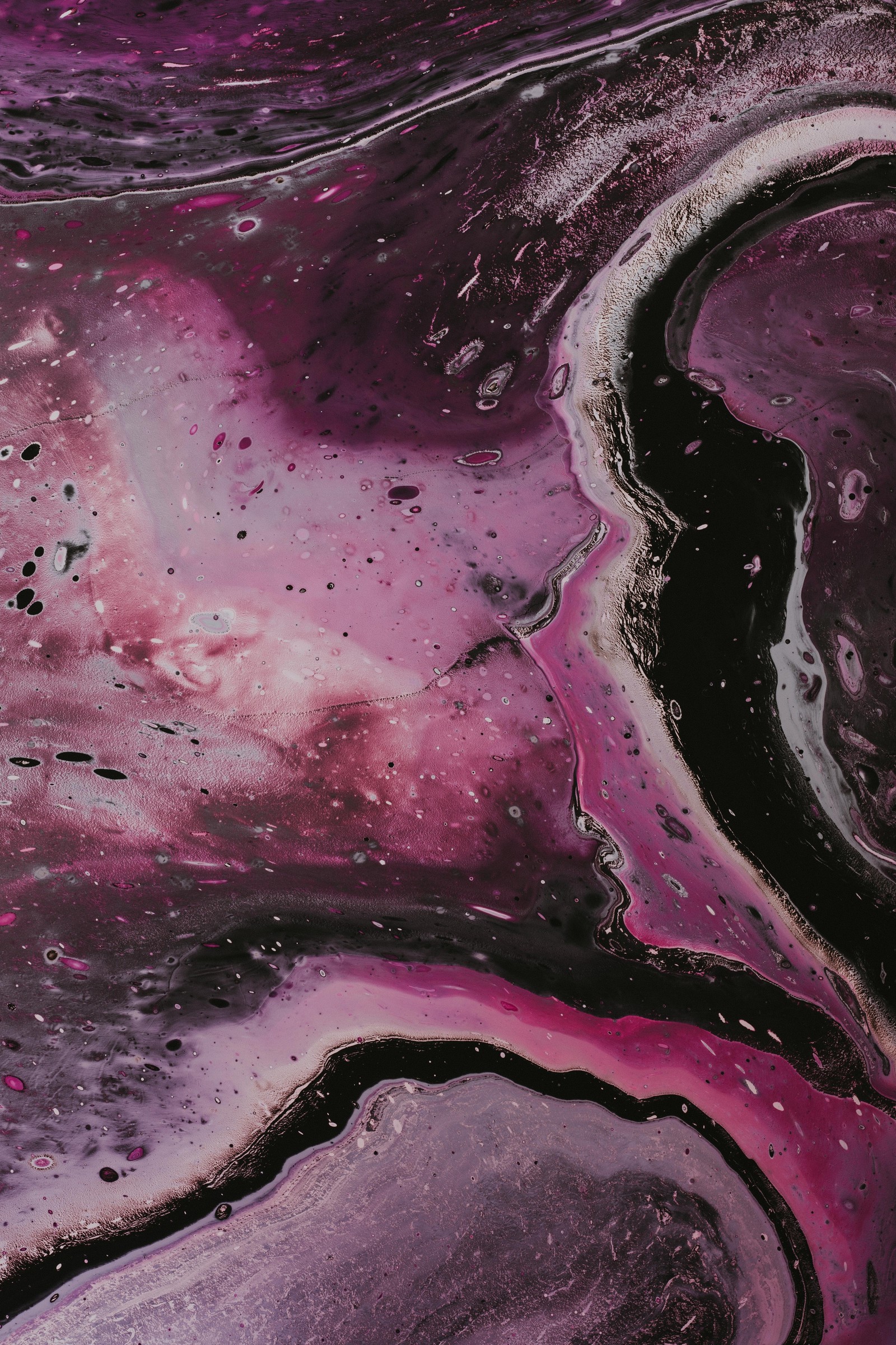 Purple and black paint is pouring down a purple surface (visual arts, purple, pink, violet, water)