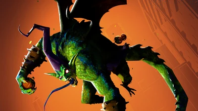 Green Goblin in a dynamic pose, showcasing vibrant colors and a fierce expression, set against an orange backdrop.