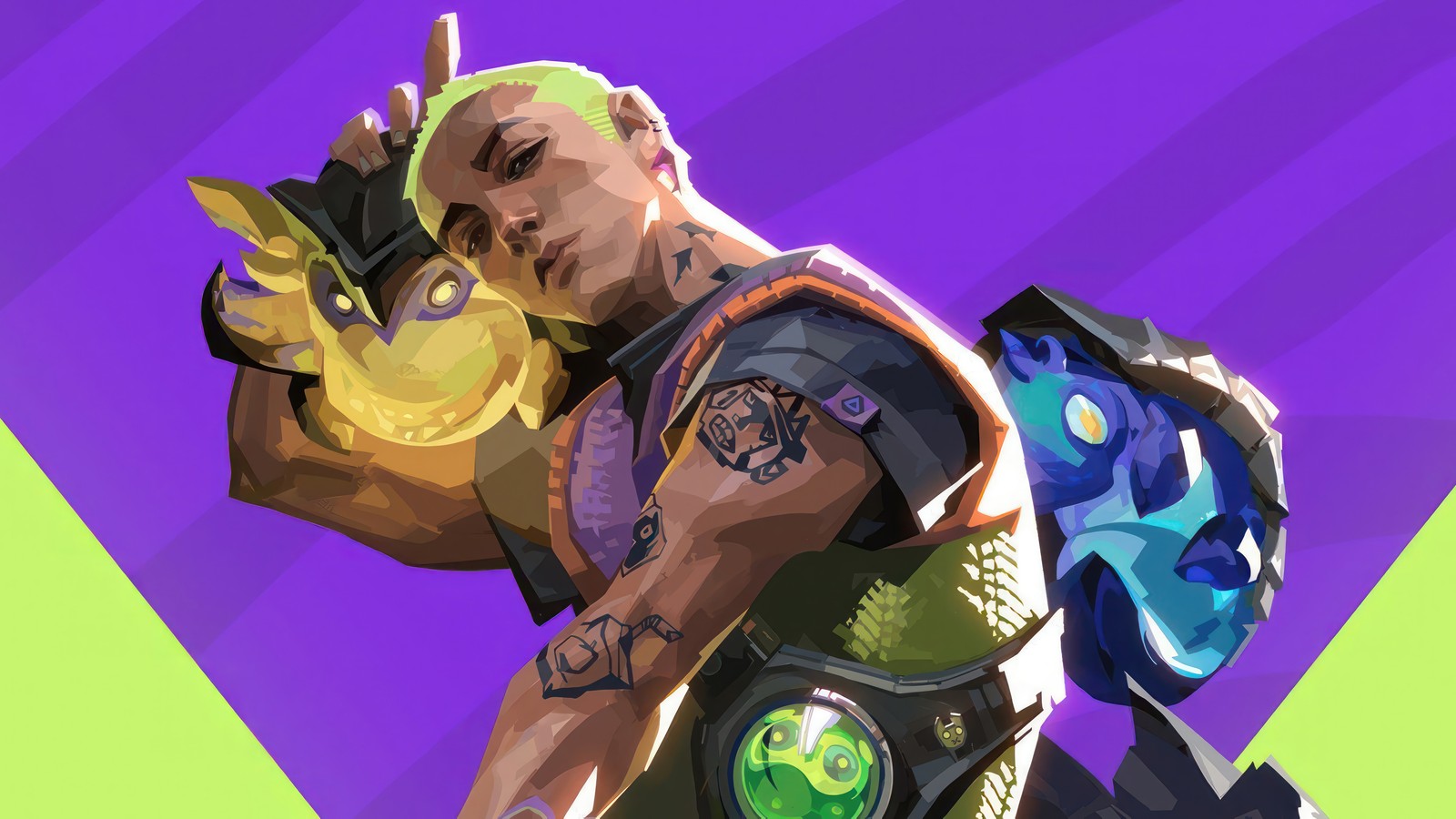 A man with a green hair and a purple shirt holding a sword (valorant, video game, gekko, pets)