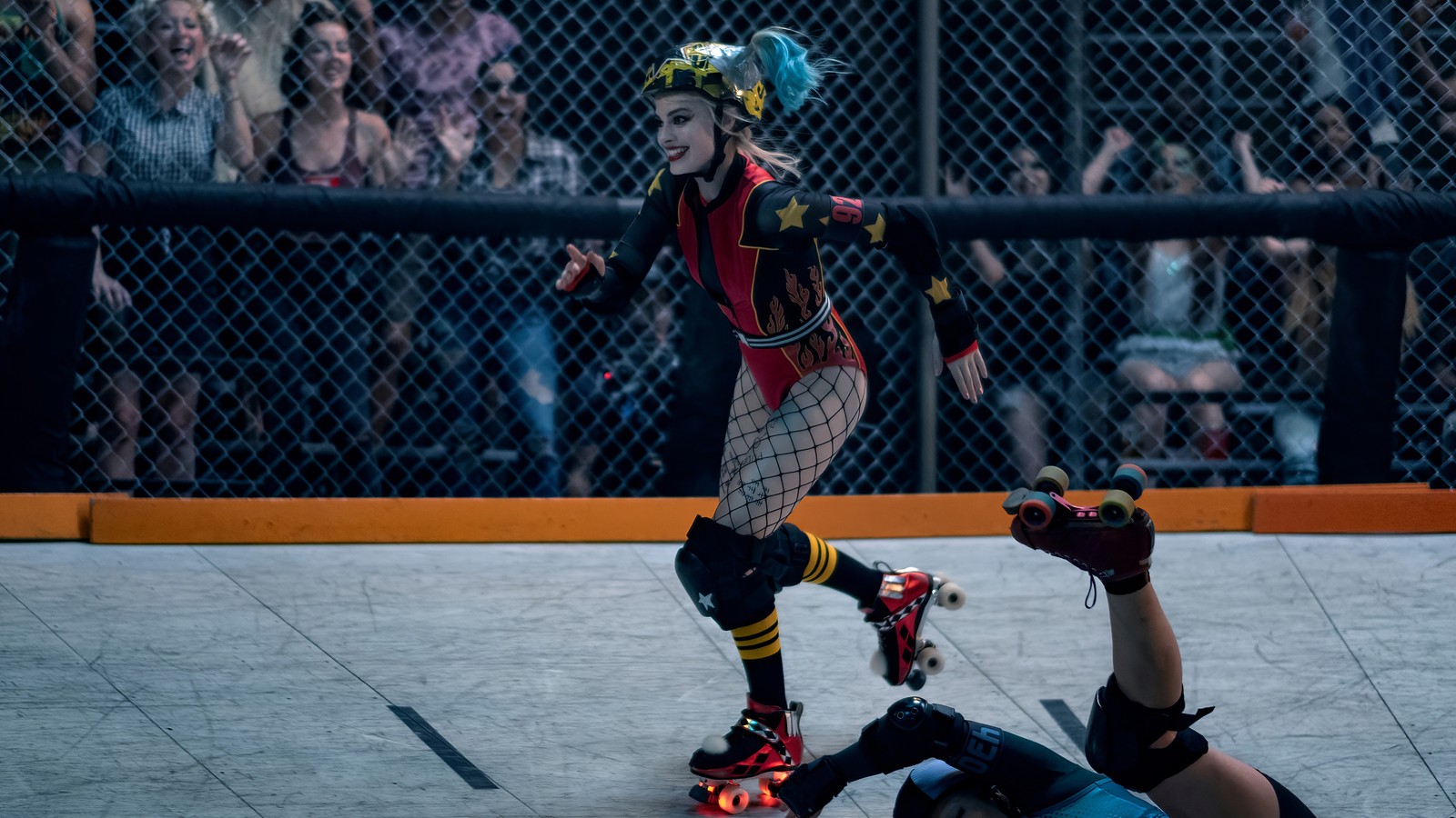 There is a woman on a skateboard that is falling down (birds of prey, 2020, movie, birds of prey and the fantabulous emancipation of one harley quinn, harley quinn)