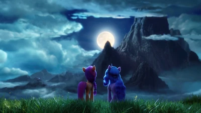 Deux poneys regardant une montagne lumineuse sous la lune dans 'Mon petit poney : Une nouvelle génération