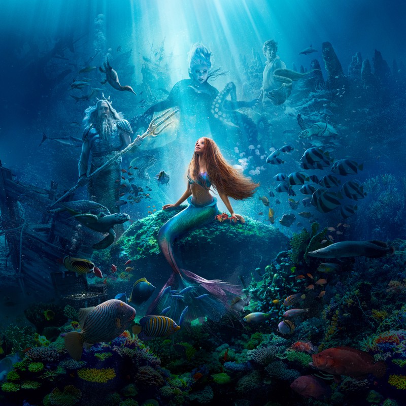 Русалка, сидящая на камне, окруженная рыбами и кораллами (русалочка, the little mermaid, халле бейли в роли ариэль, принцесса диснея, фильмы 2023)