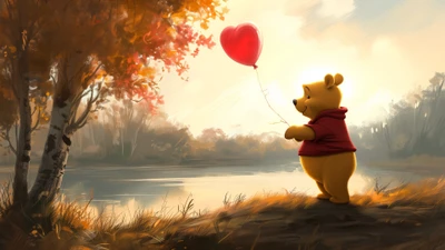 Winnie the Pooh segurando um balão em forma de coração perto de um lago sereno