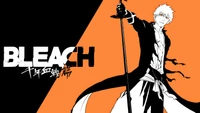 Ichigo Kurosaki in striking monochrome against an orange backdrop, embodying the spirit of "Bleach: Thousand-Year Blood War.