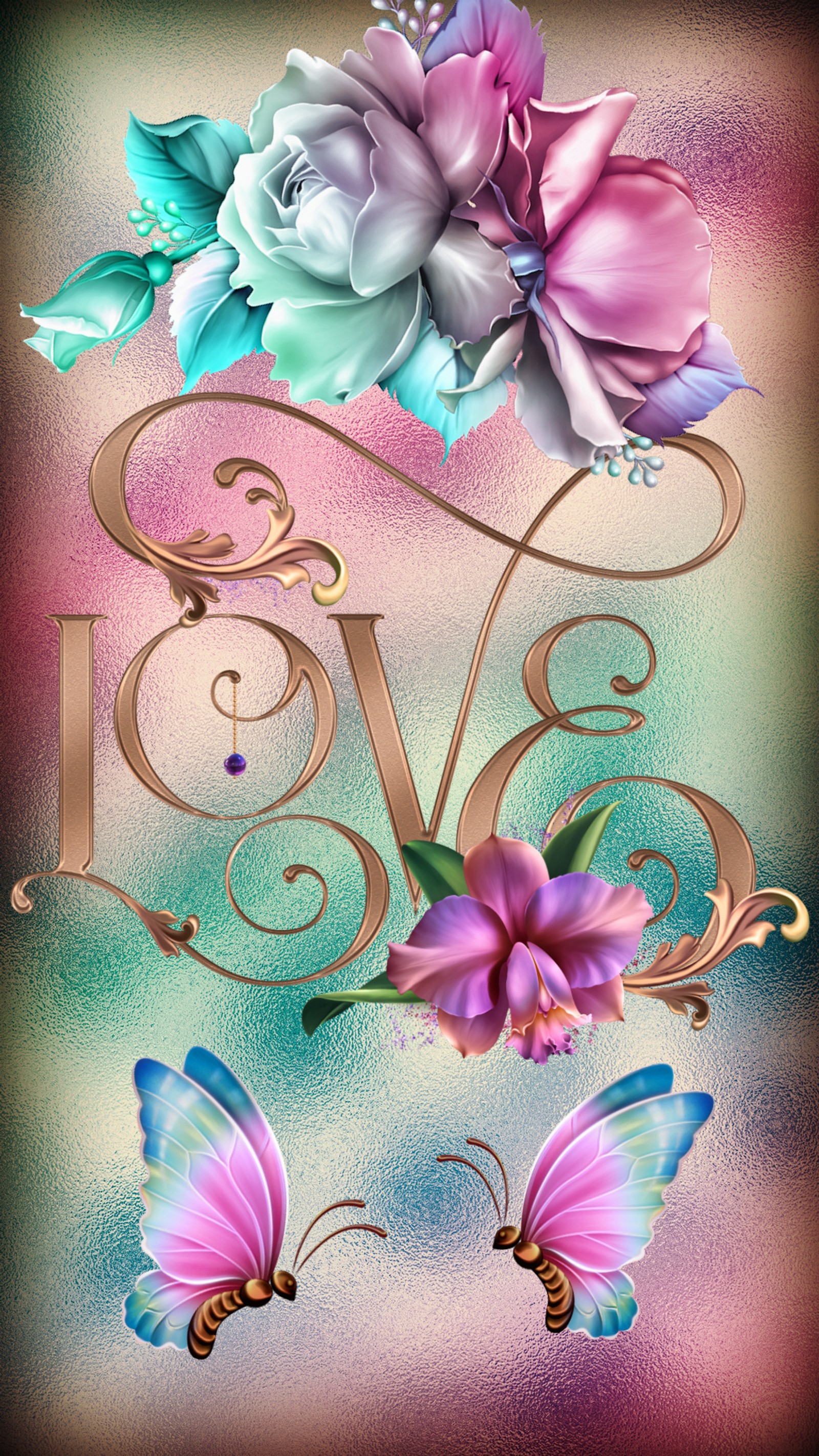 Trois papillons et une fleur avec la lettre v (amour, papillons, couleurs, design, fleurs)