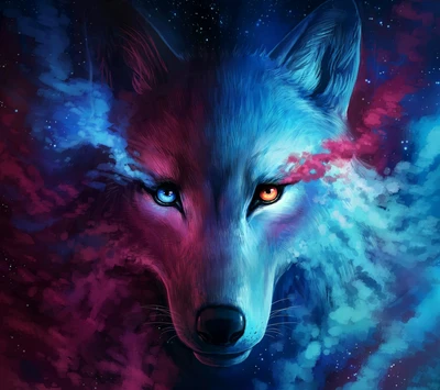 Loup cosmique coloré avec fond de galaxie bleue et rose