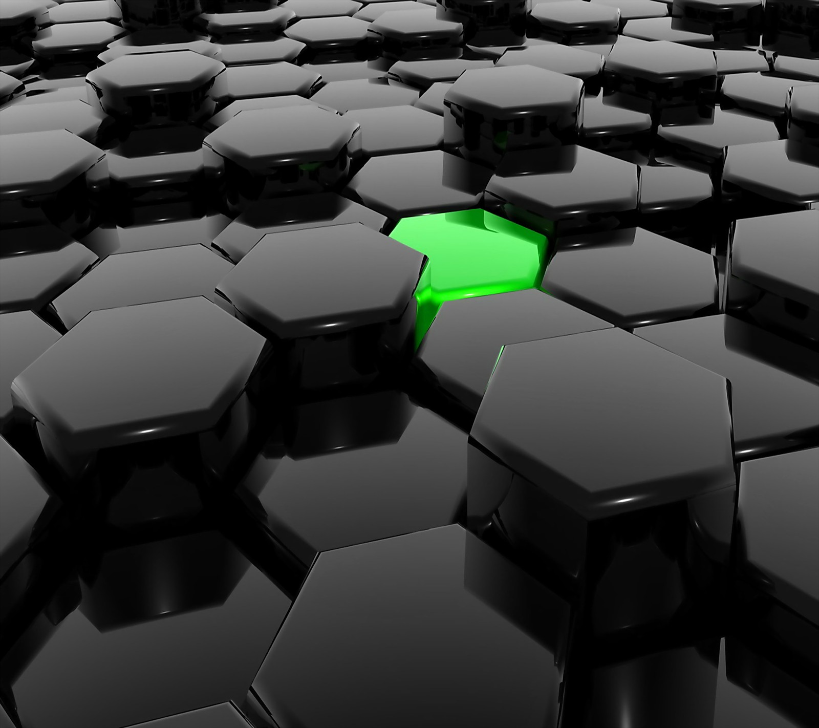 A close up of a green button in a group of black hexagons (3d, black, hexagons, honeycomb)