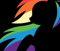 Silhouette eines Ponys mit einer lebhaften Regenbogenmähne vor einem schwarzen Hintergrund.