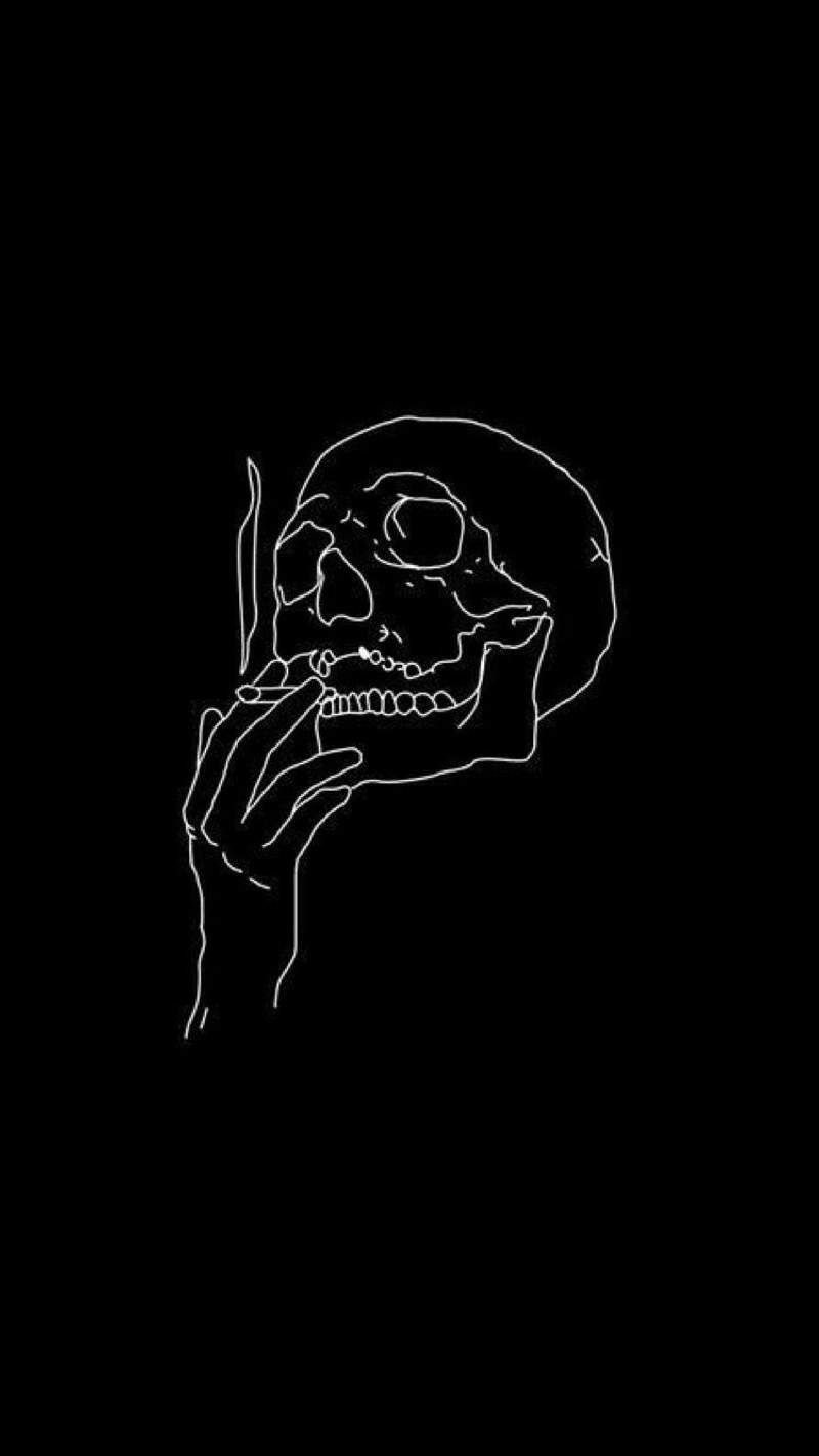 A drawing of a skull with a cigarette in its mouth (black, super)