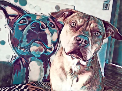 Portrait of a pitbull with a colorful artistic background featuring a similar dog.