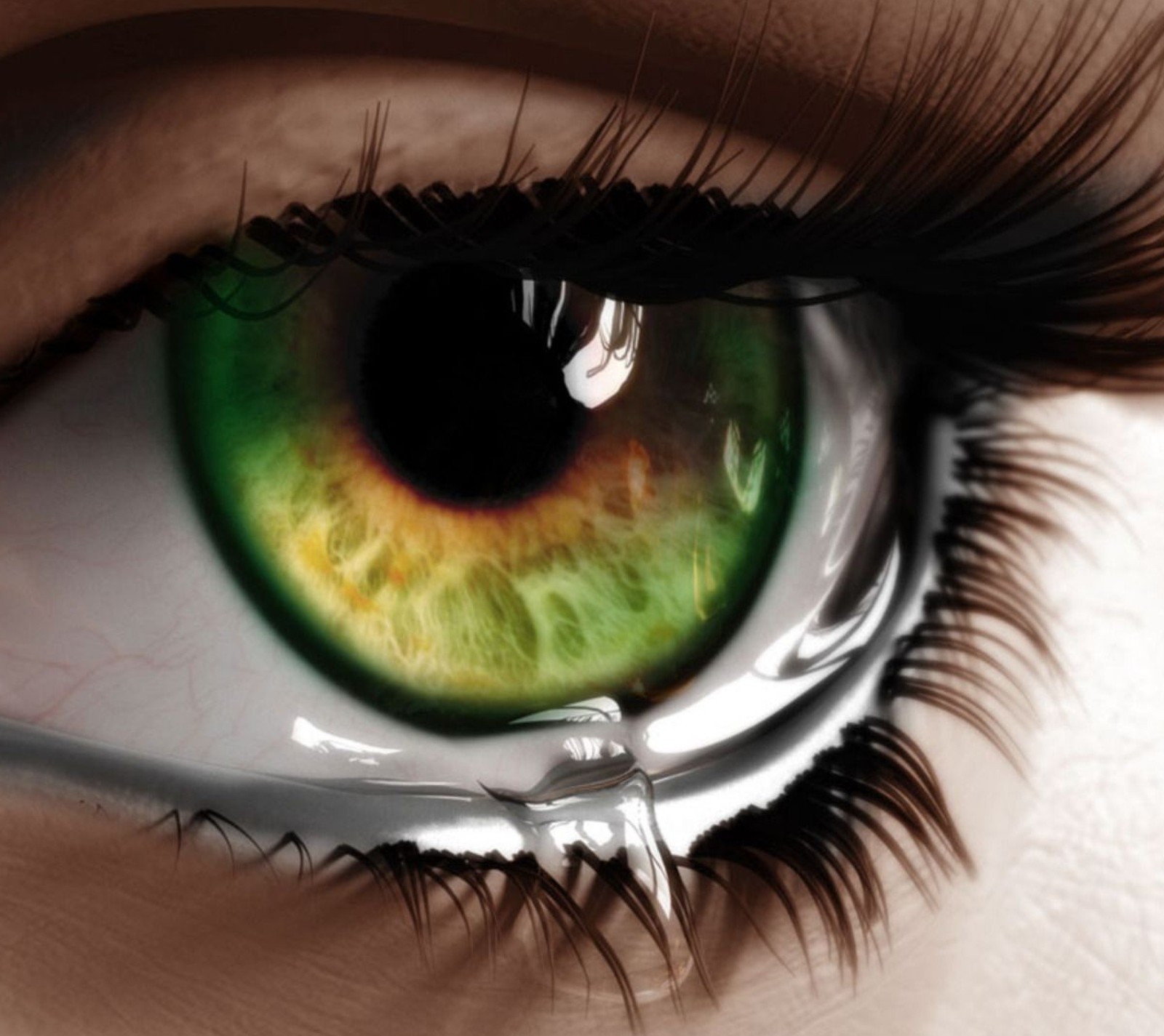 There is a close up of a green eye with a tear in it (amour, awesome, clear, eye, green)