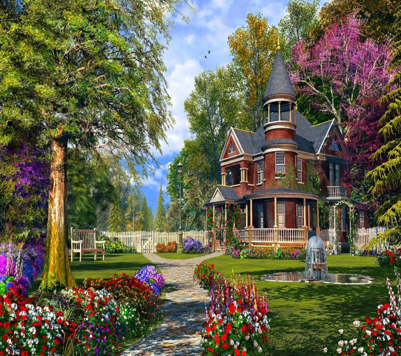 Ein gemälde eines viktorianischen hauses in einem garten mit blumen (land, haus, landschaft, natur)