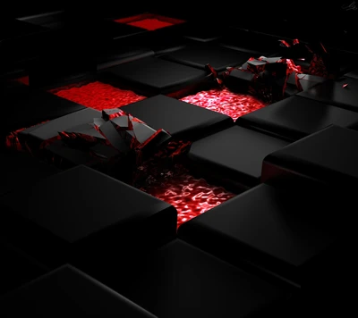 3D Black Cube Landscape with Red Cracks