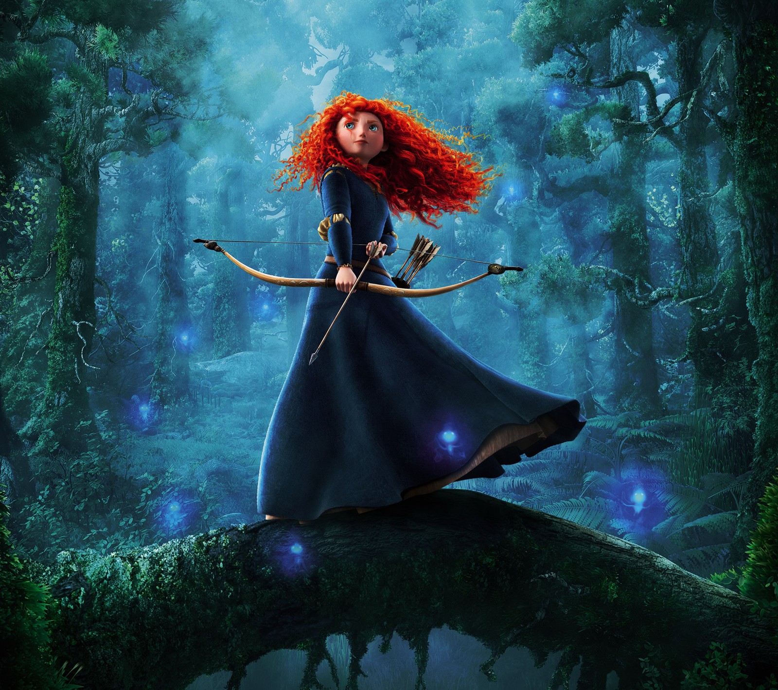 Um close em uma mulher com cabelo vermelho em uma ramificação de árvore (arqueiro, corajoso, disney, magia, merida)