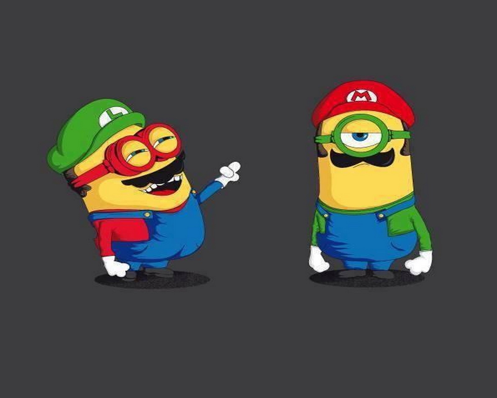 Dos personajes de dibujos animados vestidos con diferentes atuendos y sombreros (luigi, mario, minion, minions, super mario)