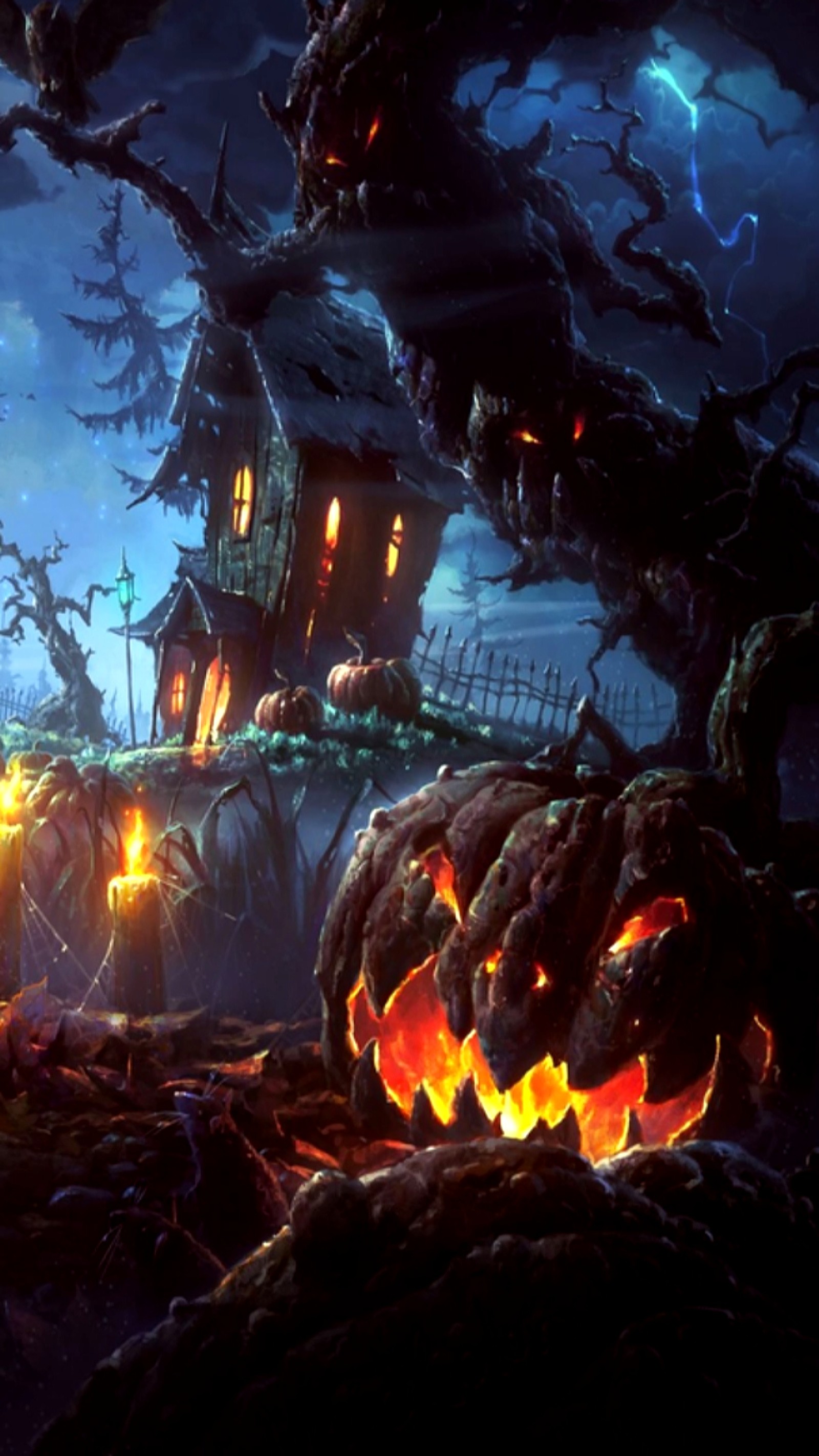 Halloween scene with pumpkins and a creepy house in the background (pumpkin, night, house, halloween, scary)