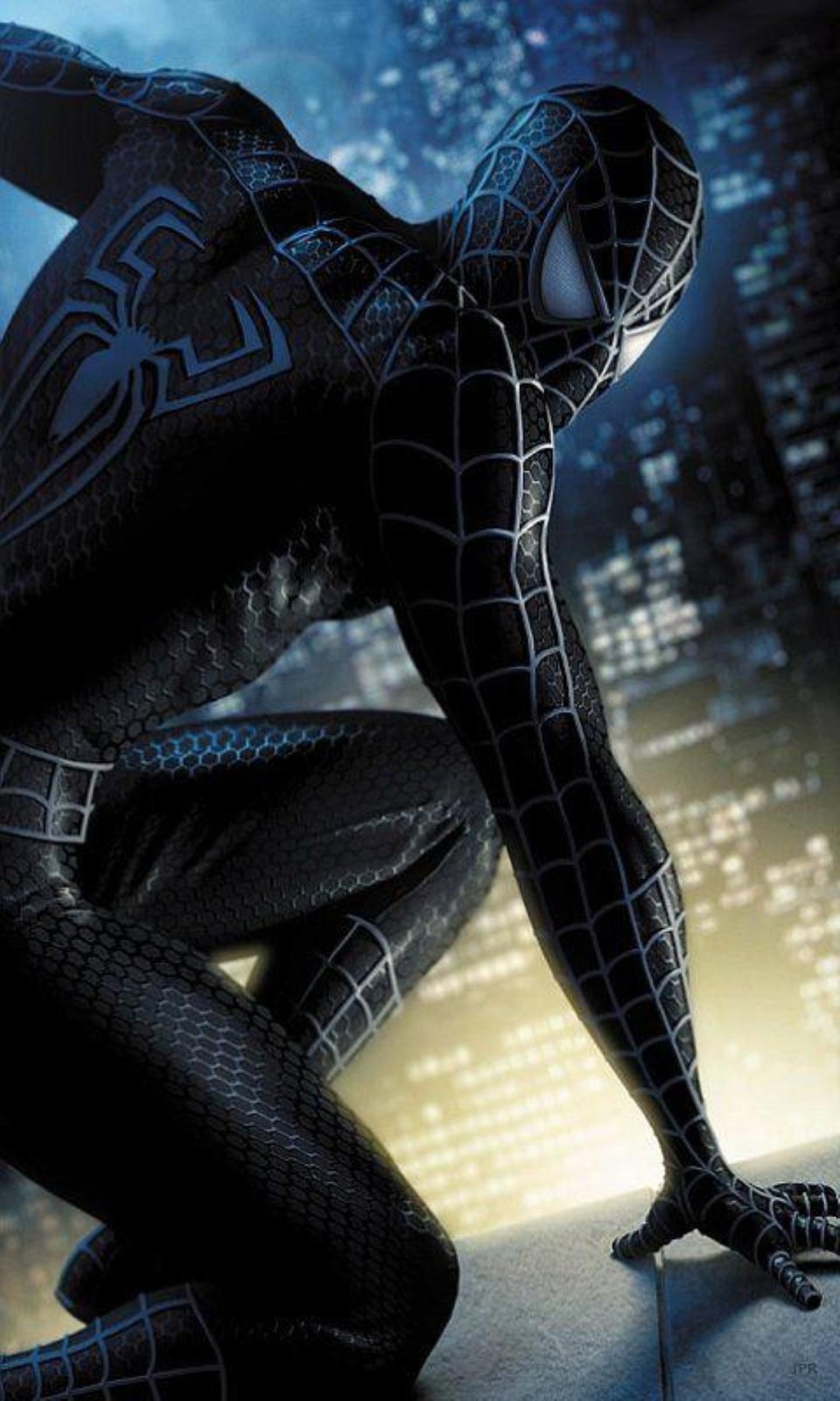 Homem-aranha com um traje preto se agacha em uma beirada (spider man 3, sam raimi spiderman, sam raimi, homem aranha, spiderman)