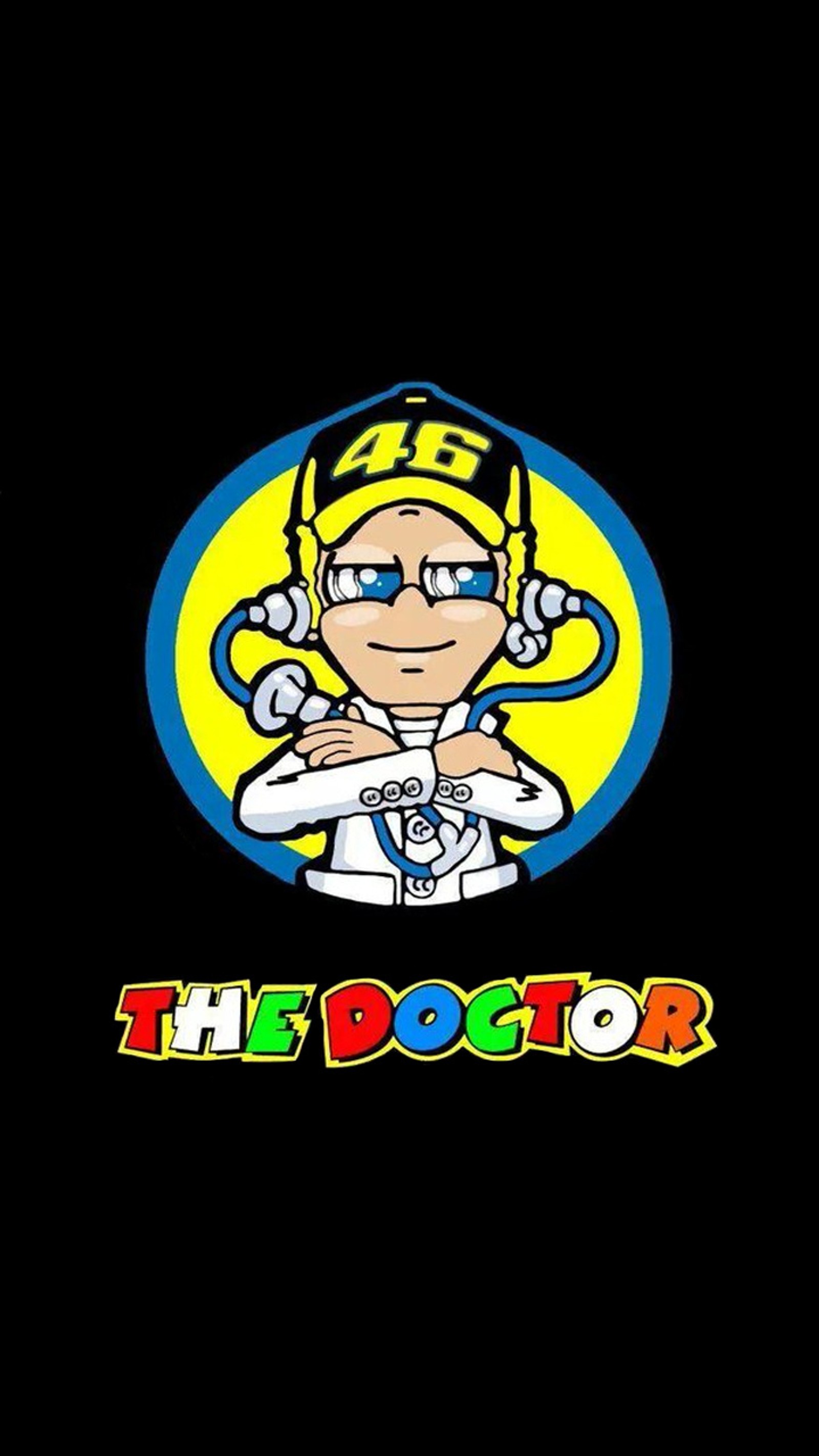 A cartoon character with a doctor hat and a stethoscope (valentino rossi, vr46)