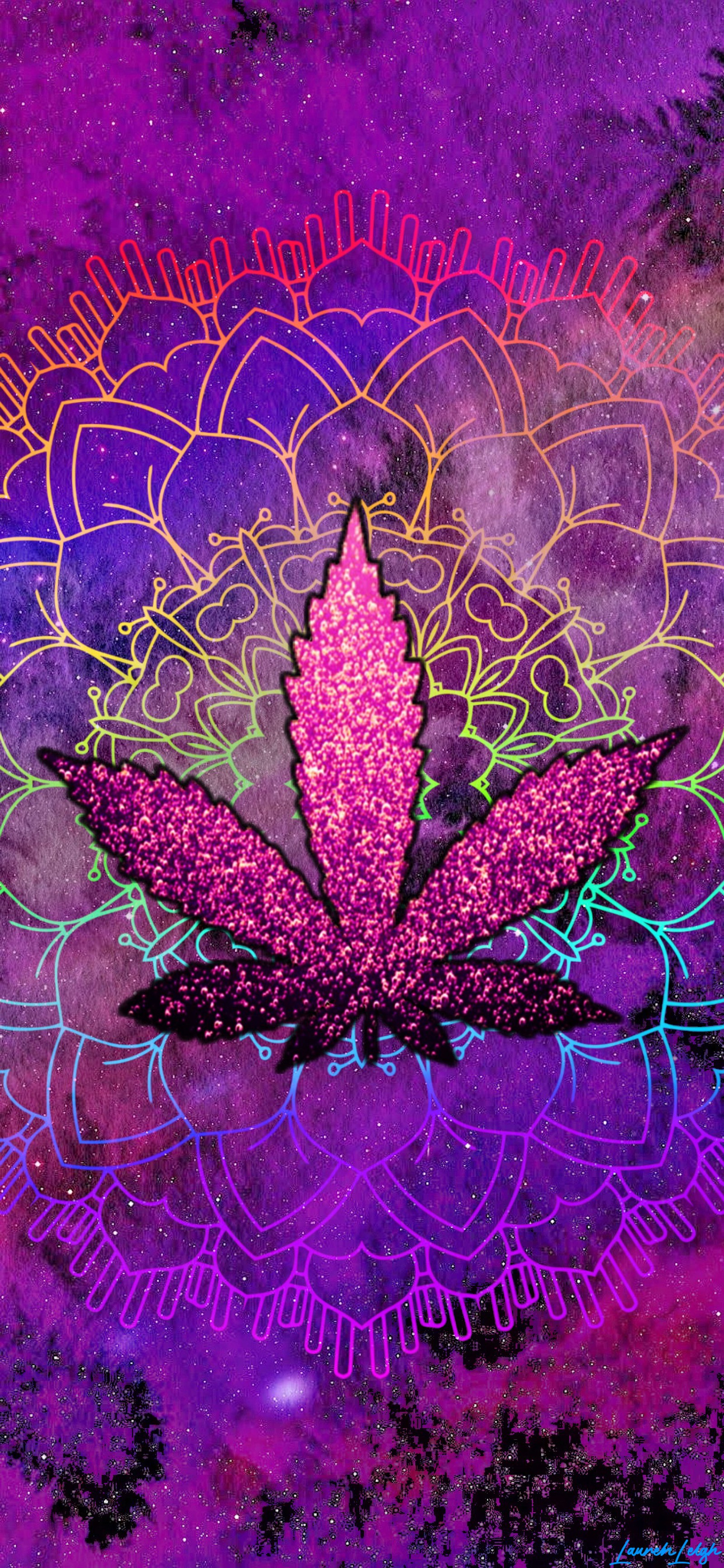 Purple and blue psychedelic flower with a pink background (420, glitter, neon, pink, potleaf)