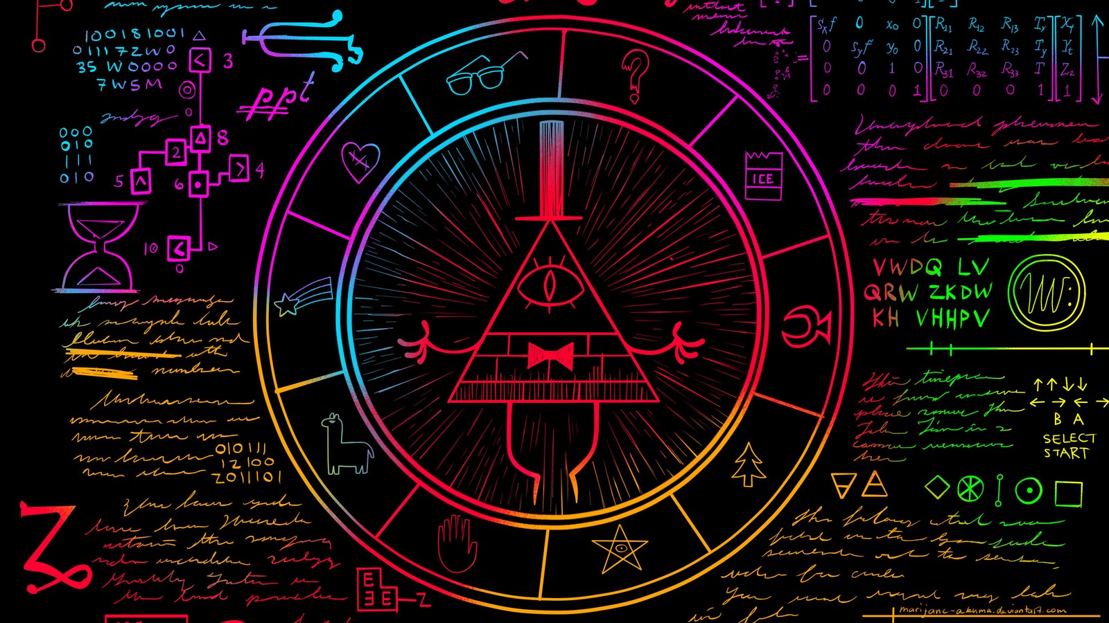 Una pizarra con un dibujo de un reloj y varios símbolos (bill cipher, gravity falls)