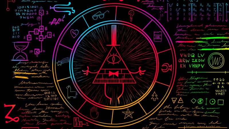 Доска с рисунком часов и различными символами (билл шифр, bill cipher, гравити фолз)