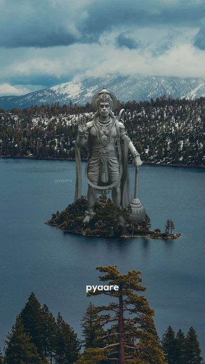 Majestuosa estatua de Jay Hanuman en medio de un paisaje sereno