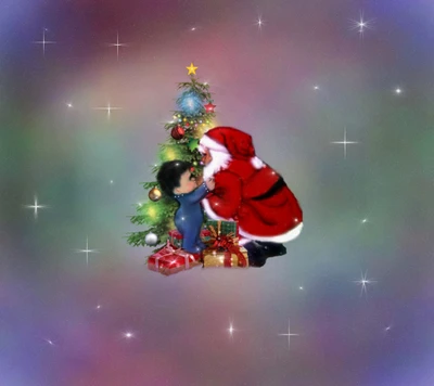 Santa Claus Embracing a Child Beneath a Festively Decorated Christmas Tree