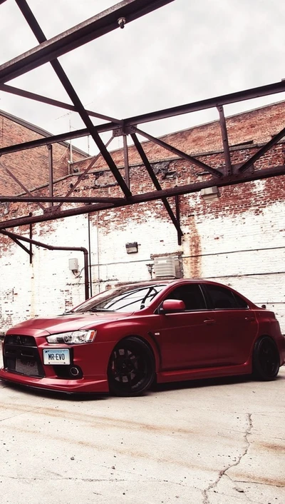 Mitsubishi Evo in Bold Red Under an Urban Canopy