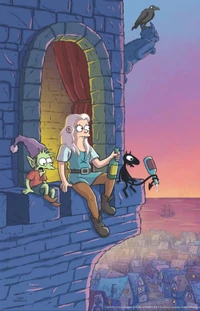 Disenchantment: Elfo, Luci, and the Princess in a Magical Sunset