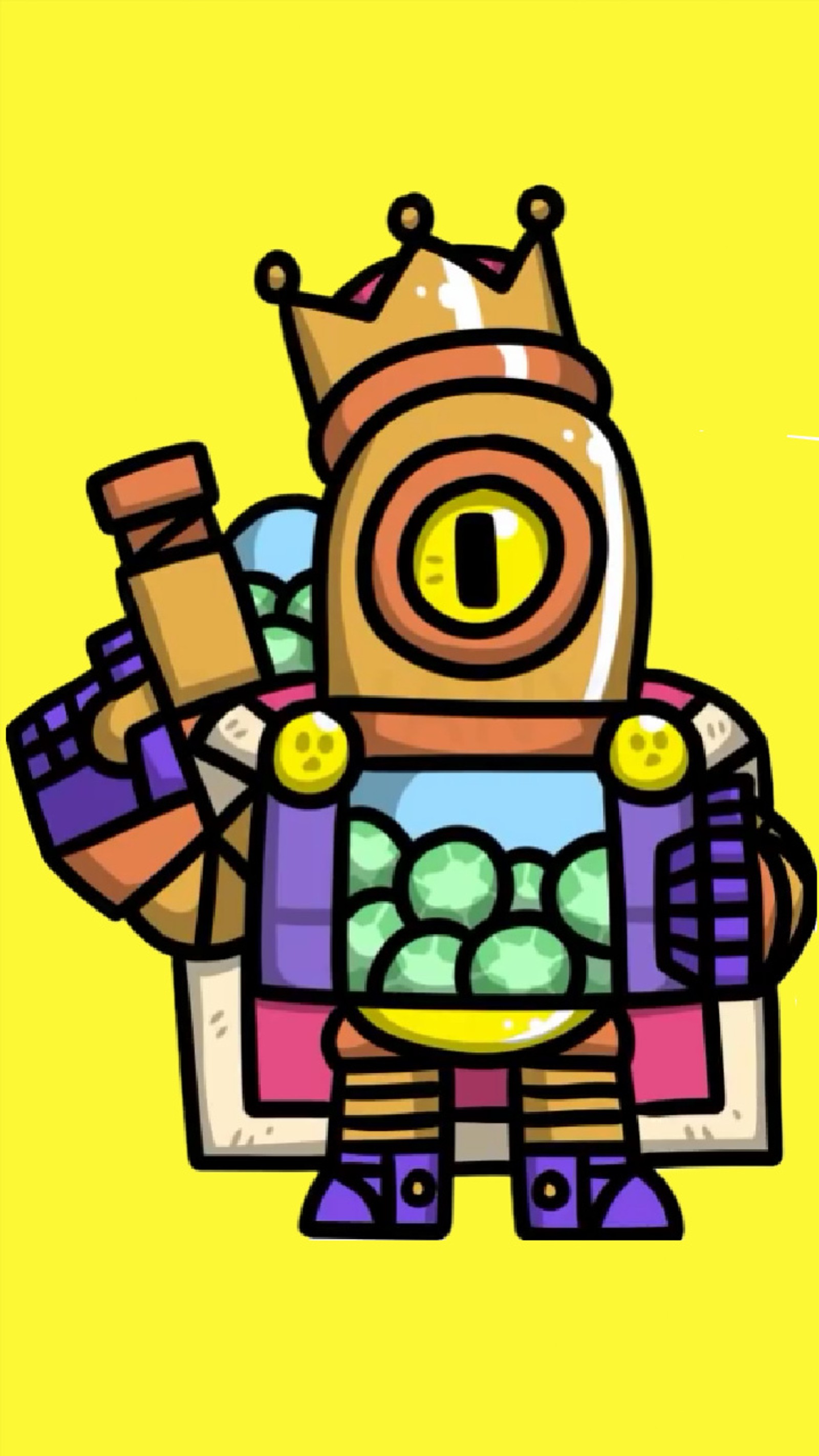 Un robot de dibujos animados con una corona y una bolsa de dinero (brawl stars, loaded rico, rico)