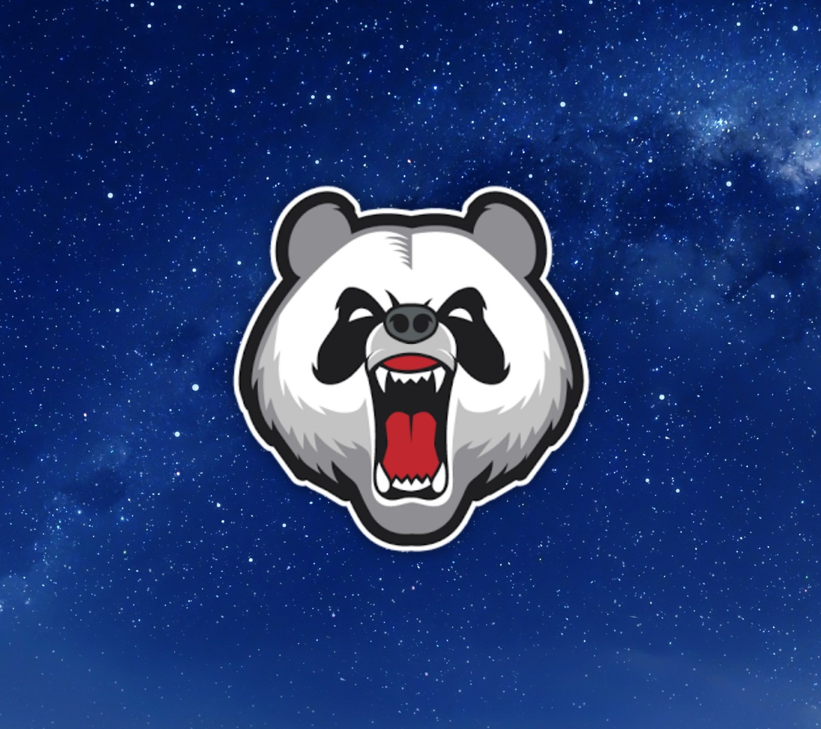 A close up of a panda bear with its mouth open and its tongue out (bear, blue, galaxy, stars)