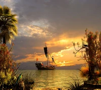 beautiful, lonely boat, morning sky wallpaper