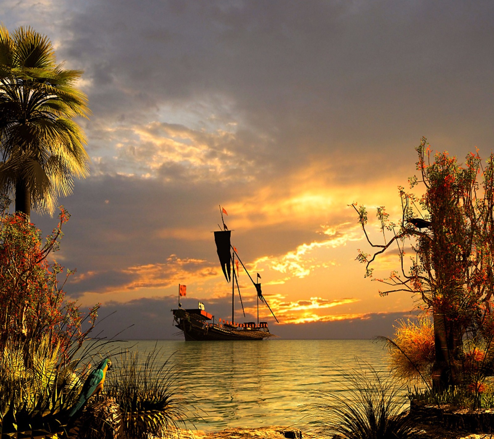 Há um barco flutuando na água ao pôr do sol (bonito, barco solitário, céu da manhã)