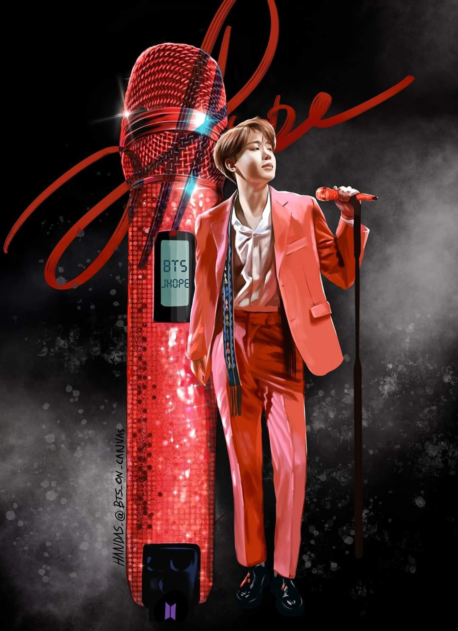 Une image ratée d'un homme en costume et cravate tenant un microphone (bts, j hope, jhope)