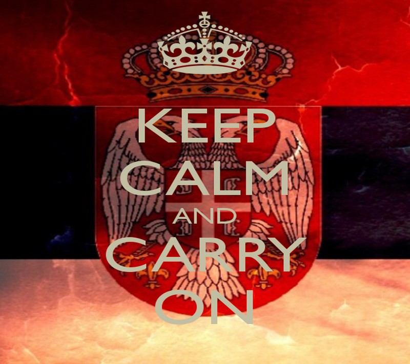 Красный и черный фон с белой и красной вывеской (kepp calm and carry on, лесковац, leskovac, сербия, serbia)