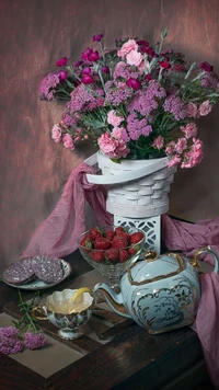 flowers, tea, bouquet, pink, strawberries wallpaper