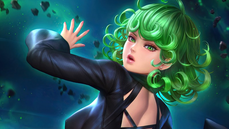 Женщина с зелеными волосами в черном наряде (татсумакі, tatsumaki, one punch man, аниме, anime)