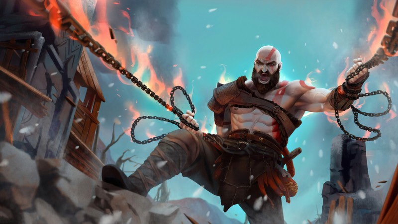 Мужчина с цепями на руках стоит перед огнем (god of war, kratos, иллюстрация, pc game, демон)