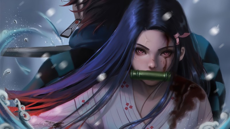 Аниме девушка с длинными волосами и ножом во рту (nezuko kamado, kimetsu no yaiba, аниме, anime, 鬼滅の刃)