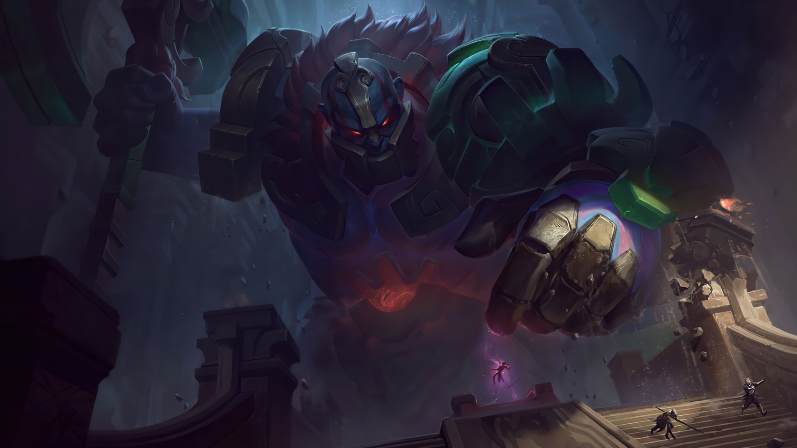 A close up of a giant robot with a glowing face (worldbreaker, sion, splash art, skin, league of legends)