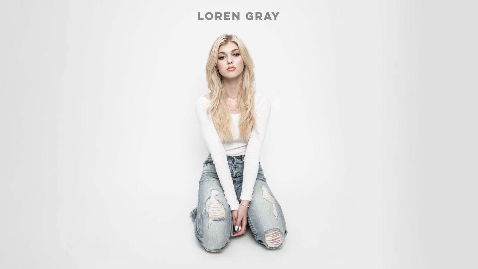 Arafed image of a woman sitting on the ground with her legs crossed (loren gray, 5k, american singer, white background, people)