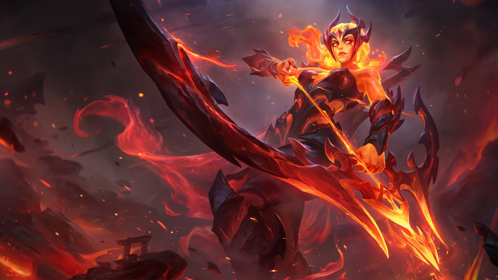 A woman with a sword and fire in her hand (infernal, ashe, skin, league of legends, video game)