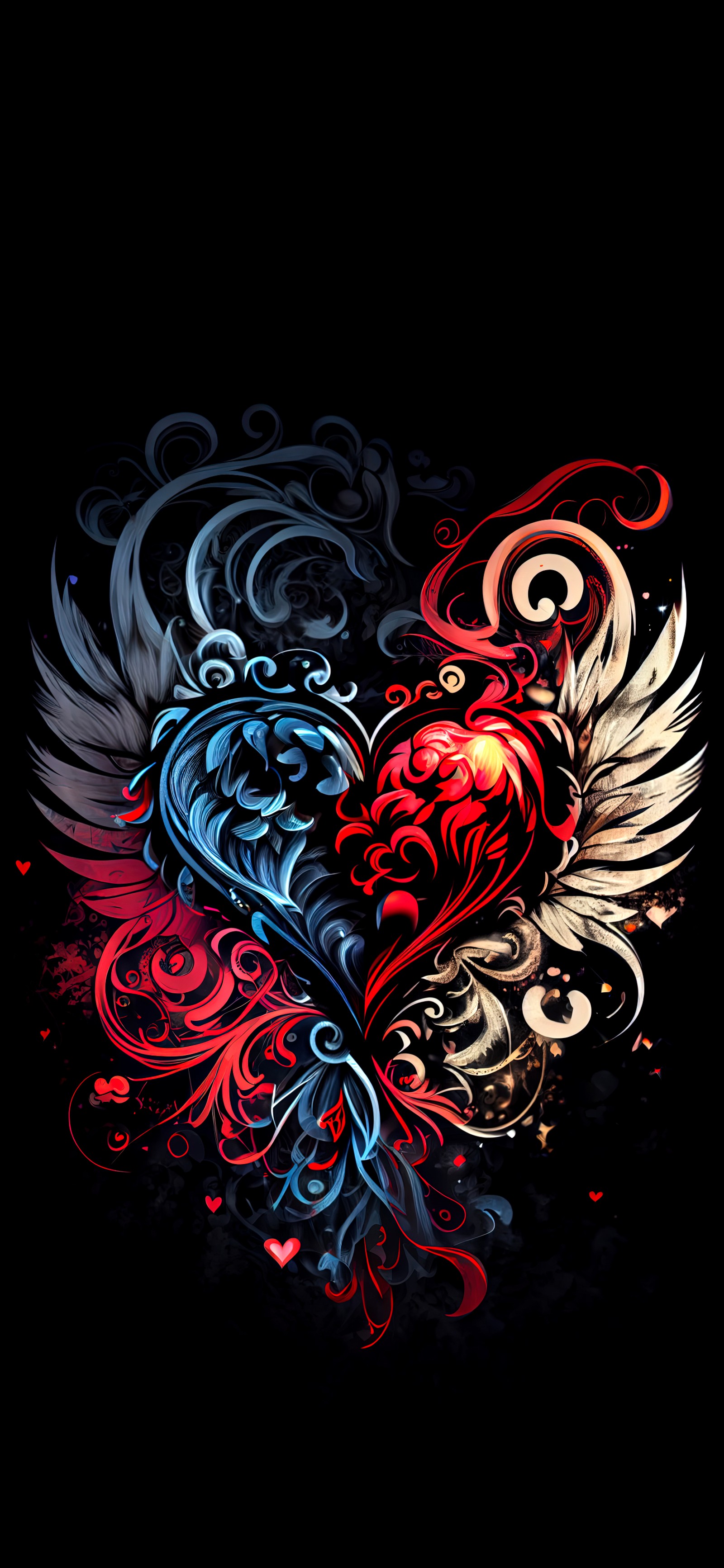 A close up of a heart with wings on a black background (graphic design, design, t shirt, visual arts, art)