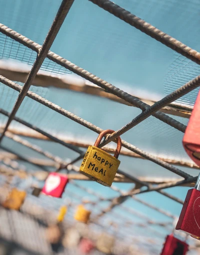 Colorful Padlocks of Love on a Chain Link Fence